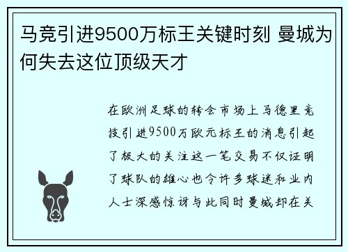 马竞引进9500万标王关键时刻 曼城为何失去这位顶级天才 马竞引进9500万标王关键时刻 曼城为何失去这位顶级天才