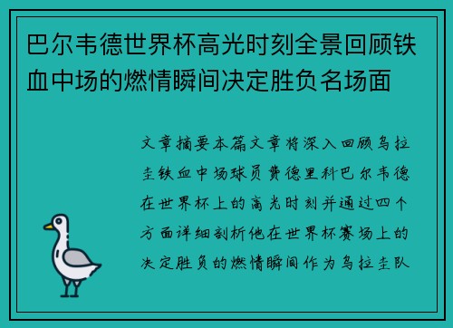 巴尔韦德世界杯高光时刻全景回顾铁血中场的燃情瞬间决定胜负名场面